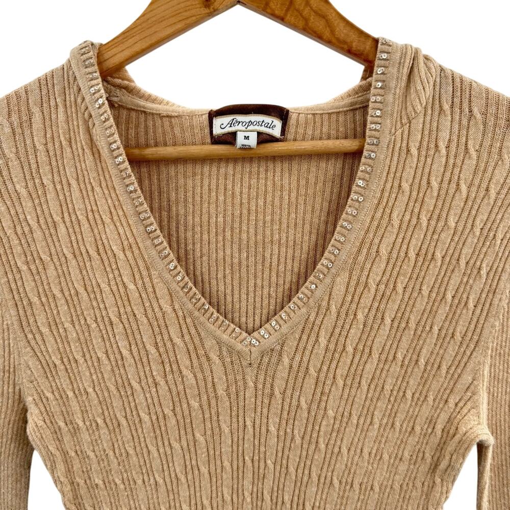 Aeropostale Y2K Cable Knit Hooded Lightweight Sweater 100% Cotton Size Medium - Picture 2 of 9